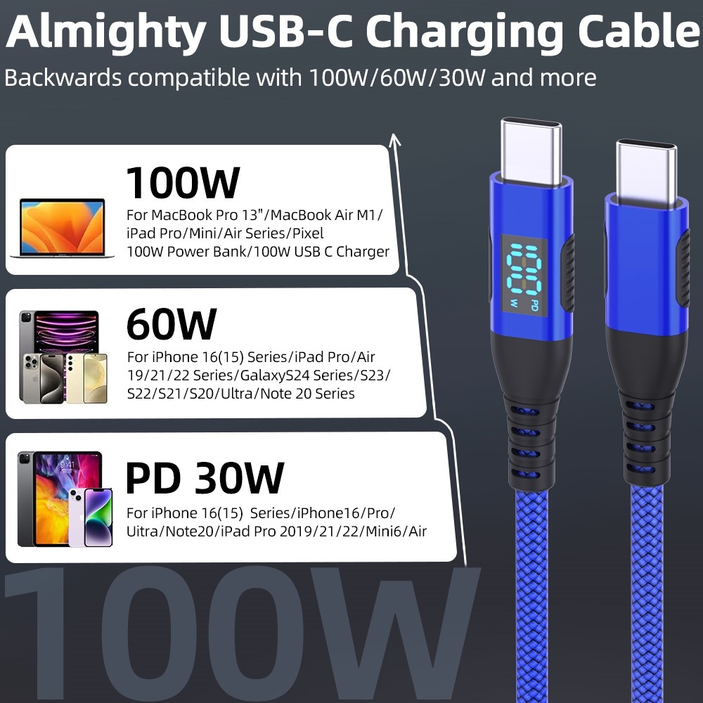 Nejlon USB-C / USB-C kijelzőkábellel 1m 100W - kék