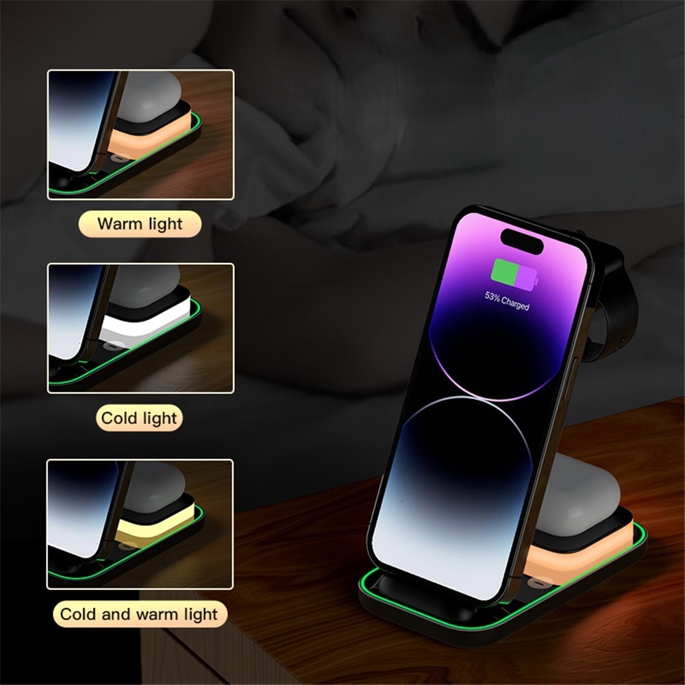 YF-A6 3 az 1-ben 15 W-os vezeték nélküli töltőállomás éjszakai fénnyel - fekete