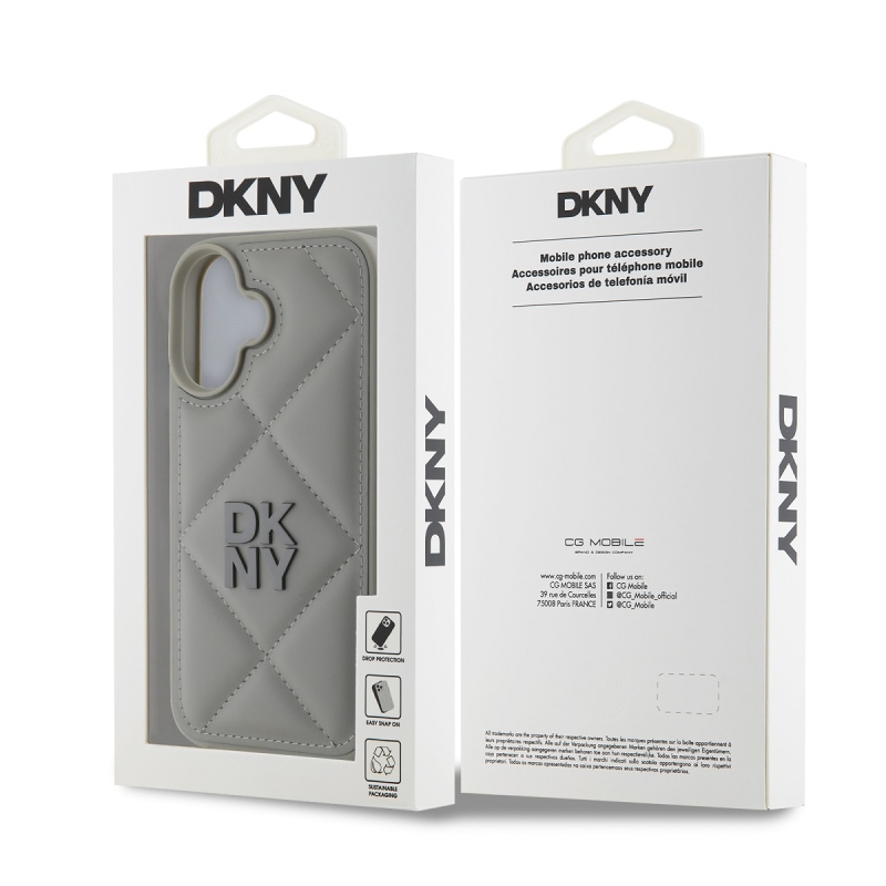 DKNY PU bőr steppelt stack logós hátlap iPhone 16 Plus készülékhez Szürke
