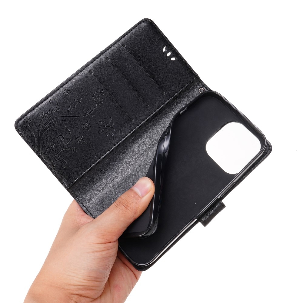 Virágok könyvtáska iPhone 15 Pro készülékhez - fekete