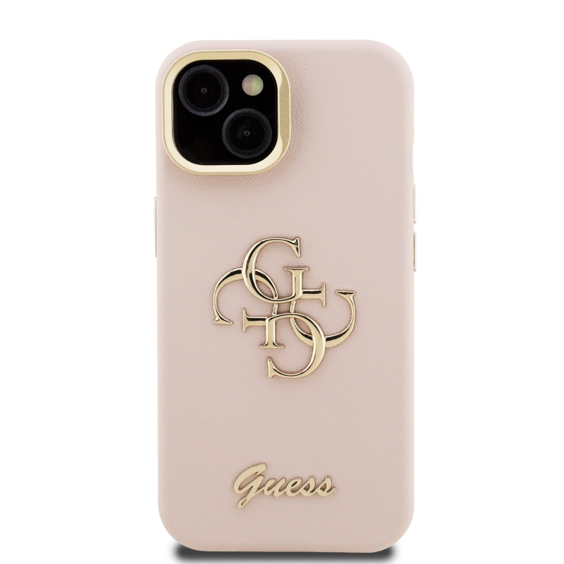 Guess PU szemcsés 4G Logo Stand Kamera keret hátlapi borító iPhone 15 rózsaszínhez