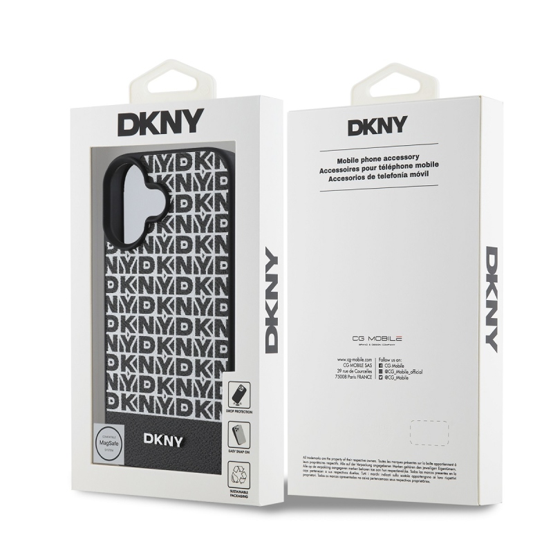 DKNY PU bőr ismétlődő mintás alsó csíkos MagSafe hátlap iPhone 16 Plus-hoz Fekete