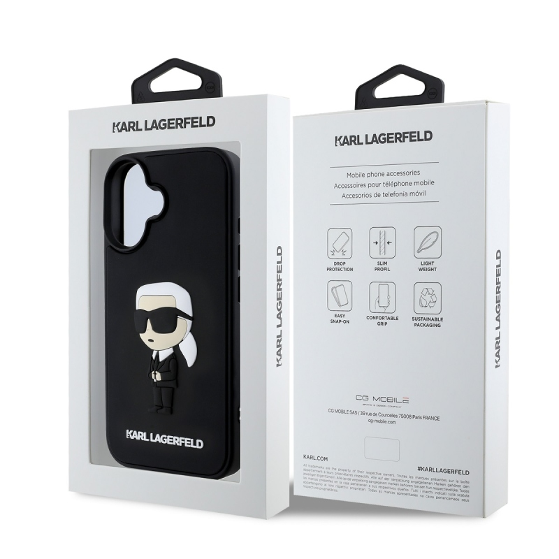 Karl Lagerfeld 3D gumi Ikonik hátlap iPhone 16-hoz Fekete