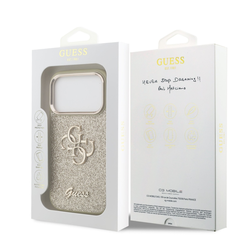 Guess PU Fixed Glitter 4G fémkeret hátsó borító iPhone 17 Pro aranyhoz