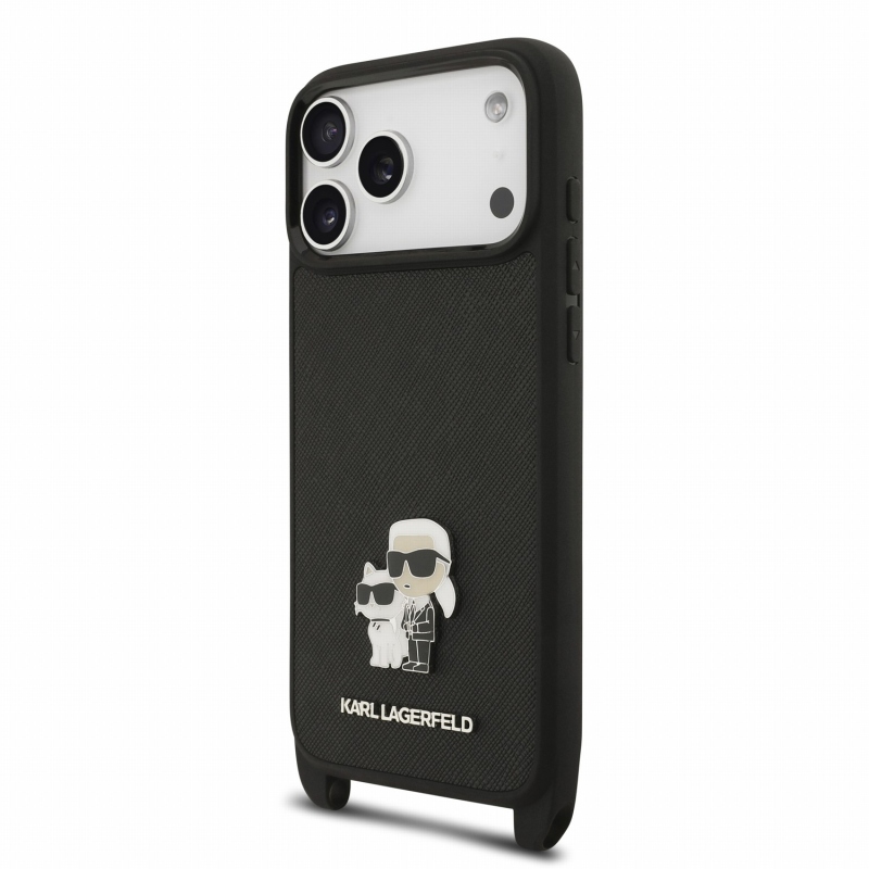 Karl Lagerfeld Saffiano kereszt vállpántos, fém Karl és Choupette hátsó tok iPhone 18 Pro-hoz, fekete