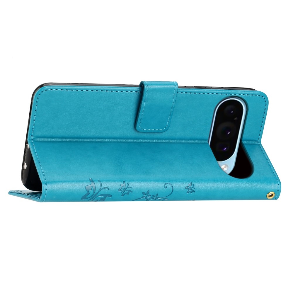 Virágos könyvtáska Google Pixel 9/9 Pro készülékhez - kék