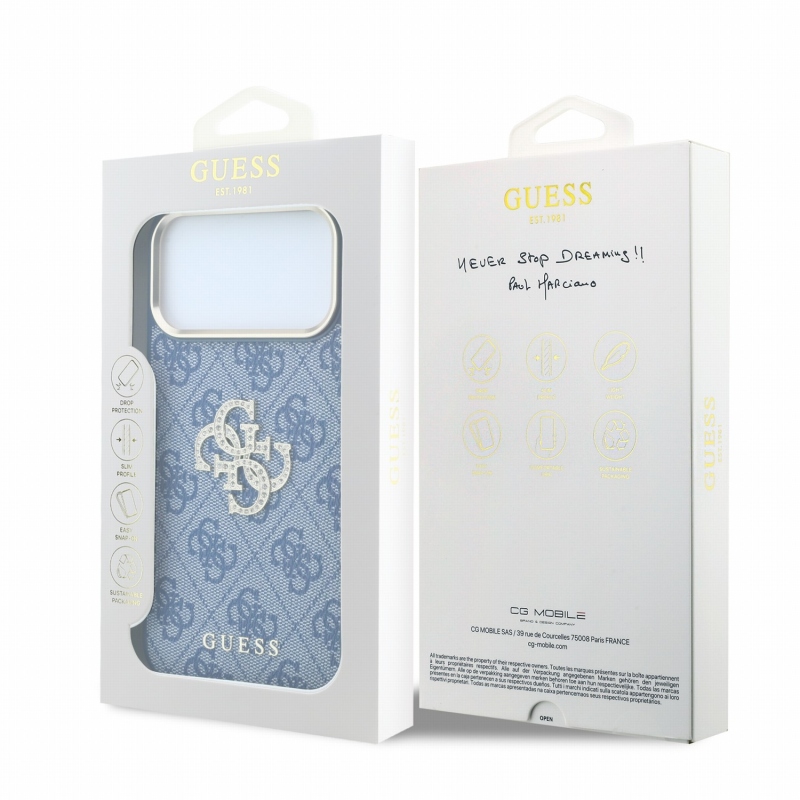 Guess PU 4G Strass Metal Logo hátsó tok iPhone 18 Pro-hoz, kék