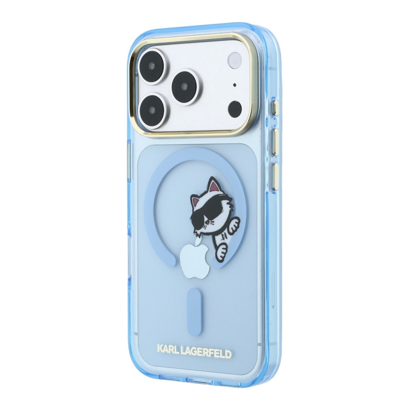 Karl Lagerfeld IML Choupette Peekaboo Magsafe hátsó tok iPhone 18 Pro-hoz, kék