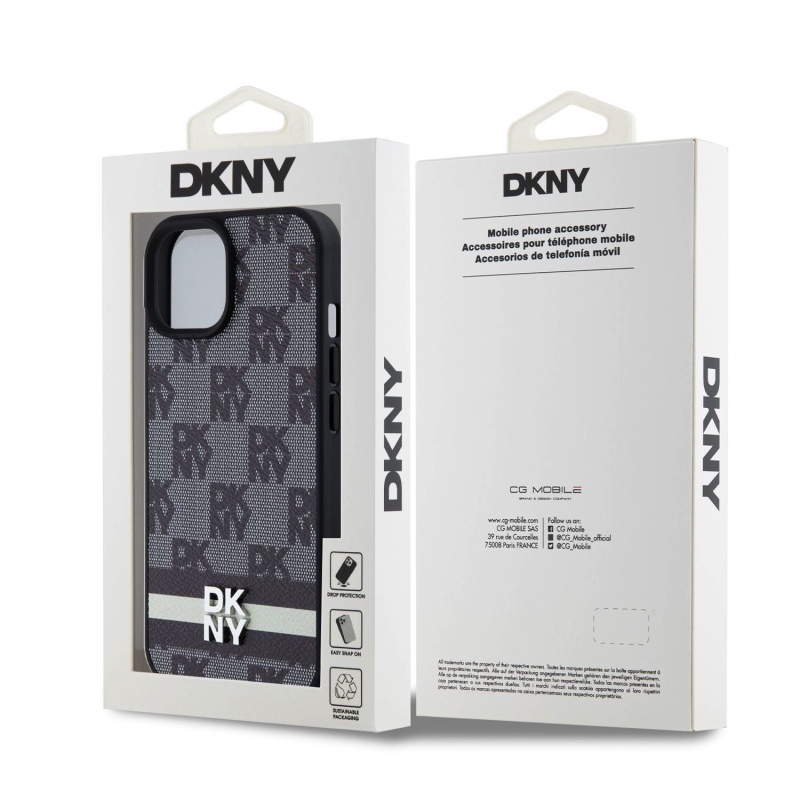 DKNY PU bőr kockás mintás és csíkos hátlapi borító iPhone 15-hez Fekete