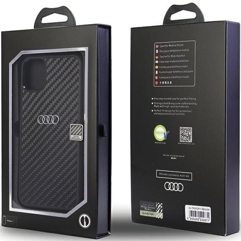 Audi szénszálas hátsó burkolat iPhone 11/XR-hez, fekete 