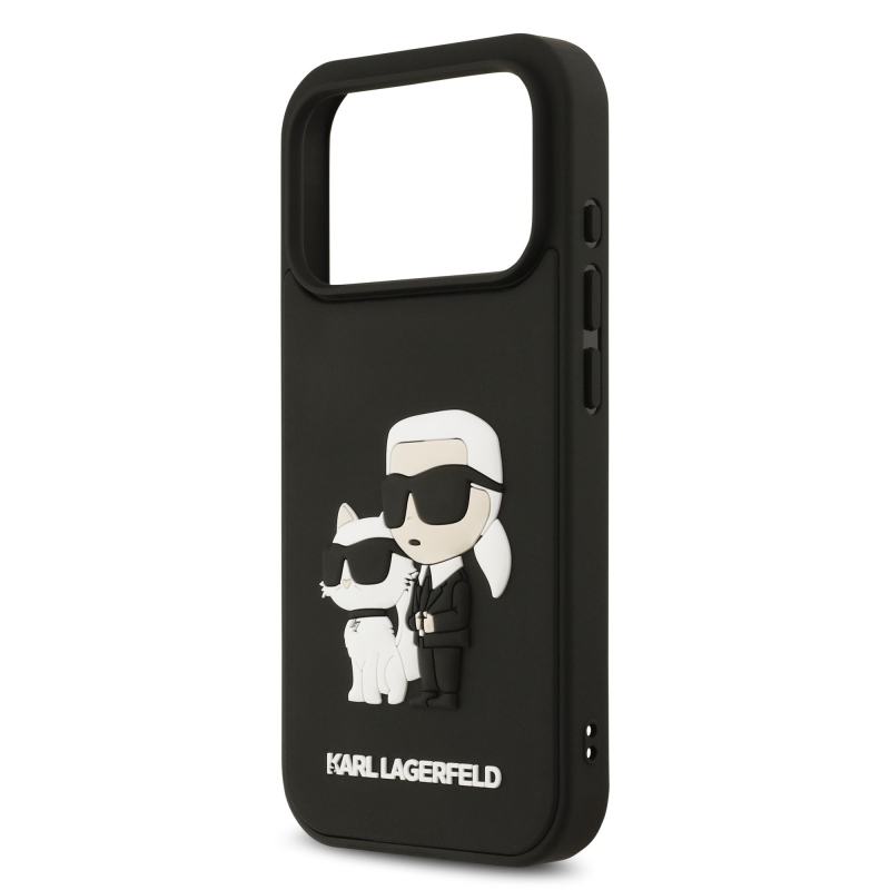 Karl Lagerfeld 3D gumiból készült Karl és Choupette hátlap iPhone 17 Pro-hoz Fekete