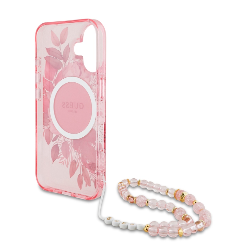 Guess IML Flowers Strap MagSafe hátlapi borító iPhone 16 Plus rózsaszínű készülékhez