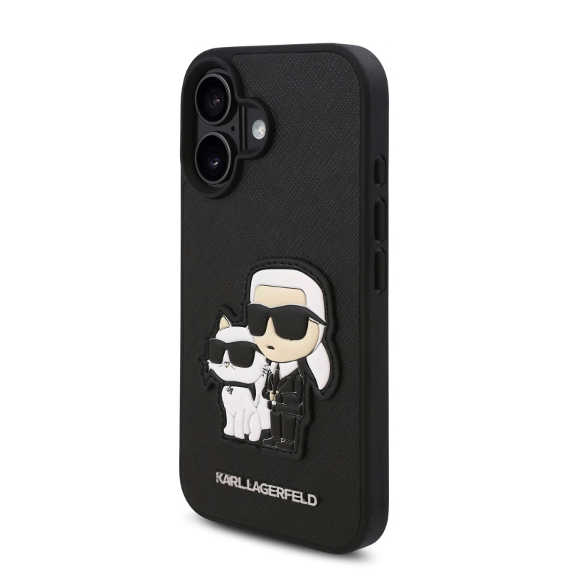 Karl Lagerfeld PU Saffiano Karl és Choupette hátlapi borító iPhone 16-hoz Fekete