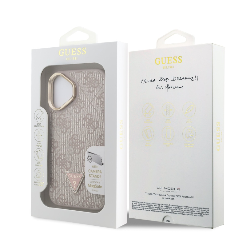 Guess PU 4G Strass háromszög logó állvány kamerakeret MagSafe hátlapi borító iPhone 16 rózsaszínhez