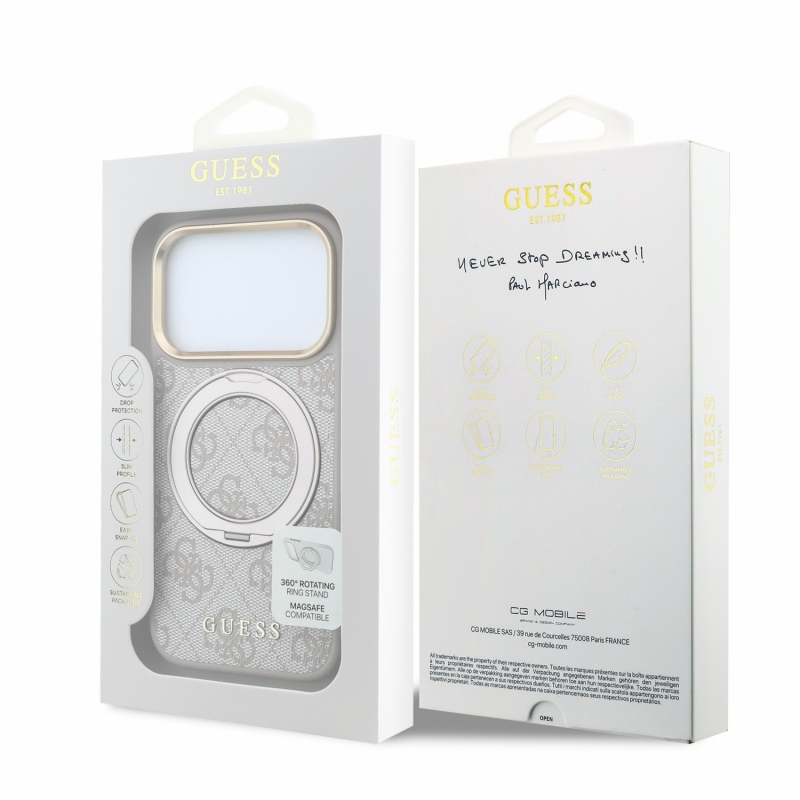 Guess PU 4G Ring Stand MagSafe hátsó tok iPhone 18 Pro-hoz, rózsaszín