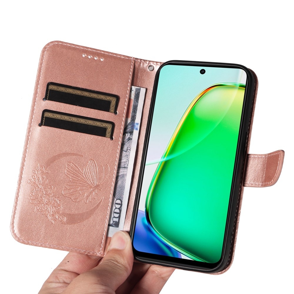 Virágos pillangó könyvtáska Vivo Y28-hoz - rózsaarany