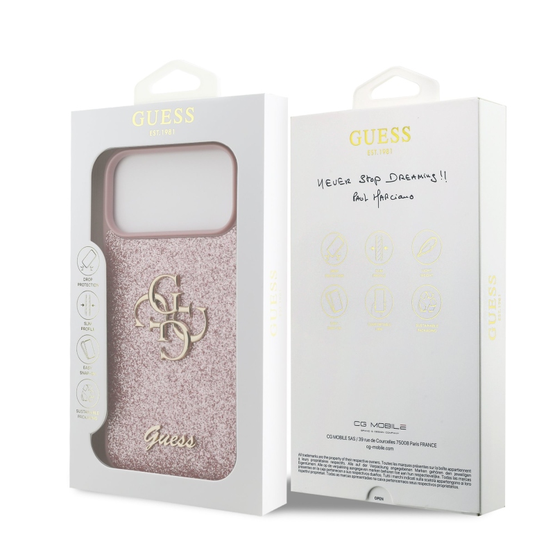 Guess PU Fixed Glitter 4G fém logós hátsó tok iPhone 18 Pro Max-hoz, rózsaszín