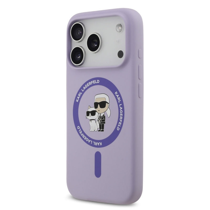 Karl Lagerfeld folyékony szilikon Karl és Choupette MagSafe hátlapi borító iPhone 17 Pro lilához