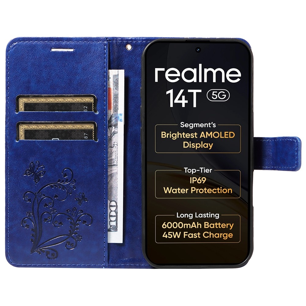 Nagy pillangó könyvtáska a Realme 14 5G/14T 5G számára - kék