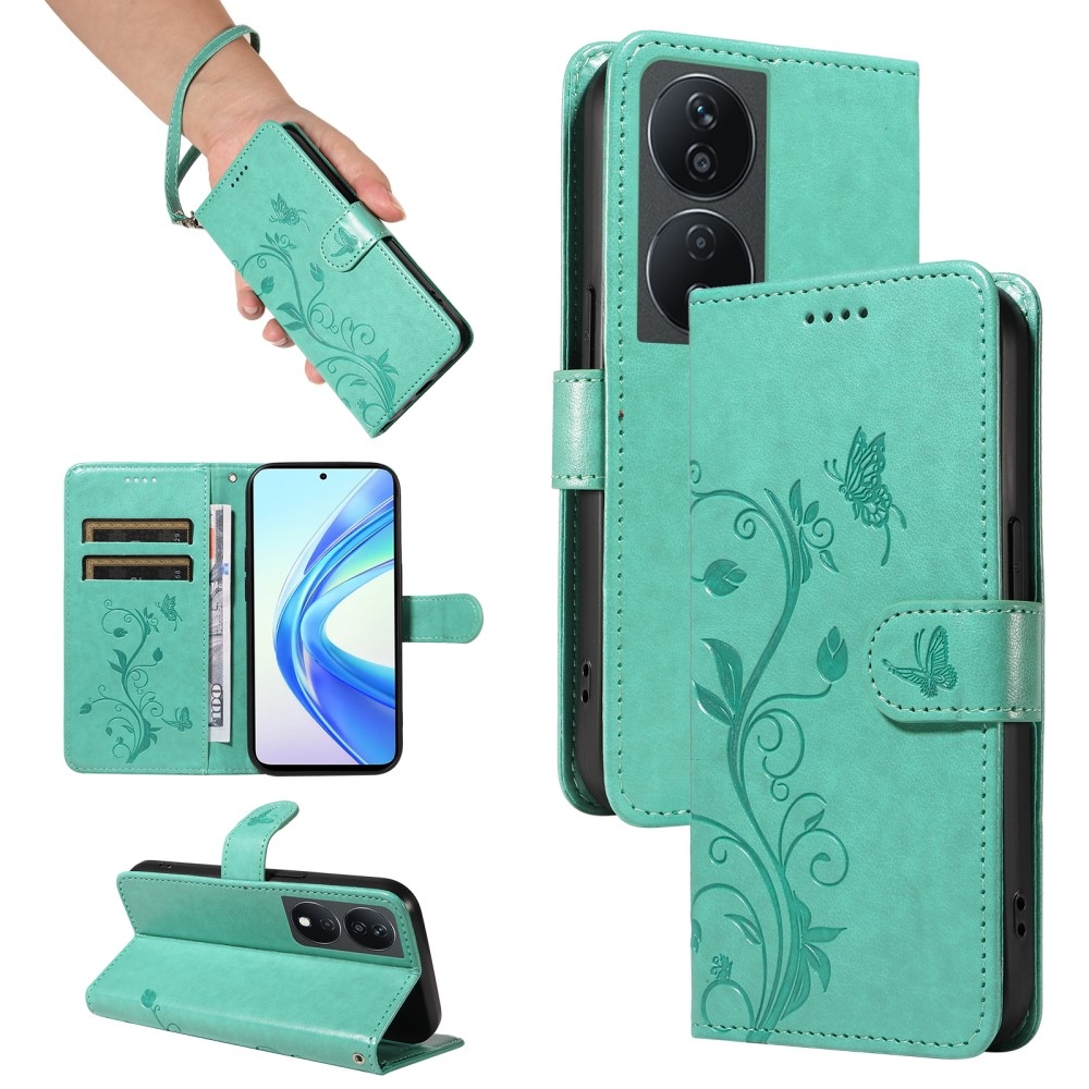 Virágok könyvtáska a Honor X7b/Honor 90 Smart készülékhez - teáskék színű