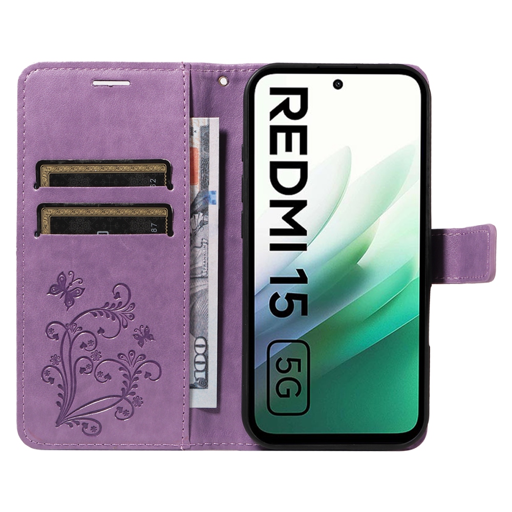 Nagy pillangó könyv tok Xiaomi Redmi 15 4G (171mm) - lila