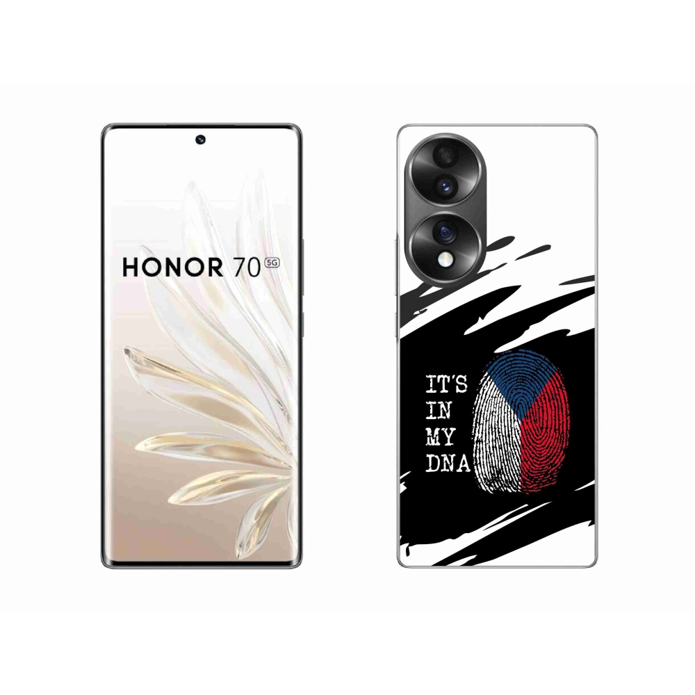 Zselés borító mmCase a Honor 70 számára - zászlós ujjlenyomat fekete és fehér háttérrel