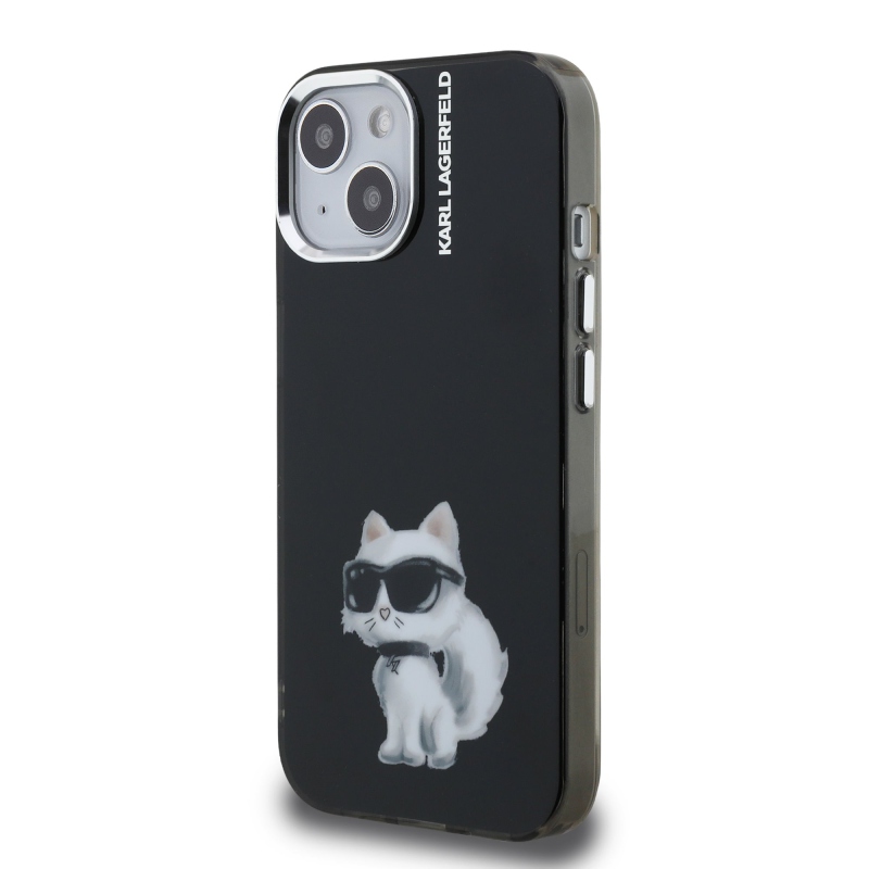 Karl Lagerfeld IML Aquarelle Choupette hátlapi borító iPhone 15-hez Fekete