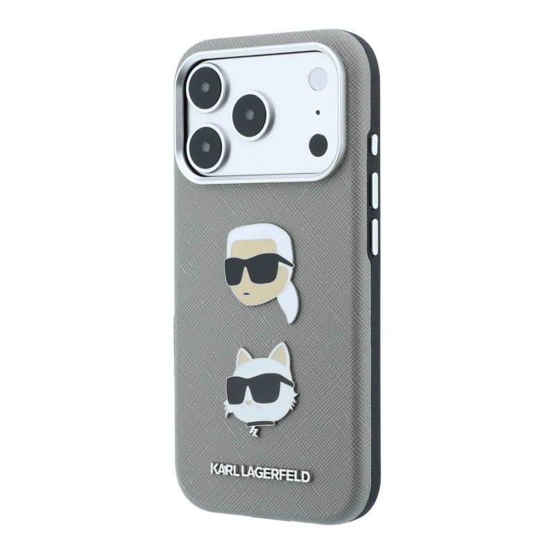 Karl Lagerfeld PU Semi Wrap Saffiano K&CH Heads hátsó tok iPhone 18 Pro Max-hoz, szürke