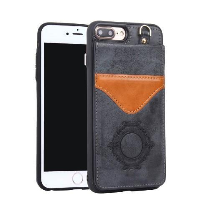 Backy gél tok PU bőr hátlappal és állvánnyal iPhone 8 Plus és 7 Plus készülékhez - Fekete
