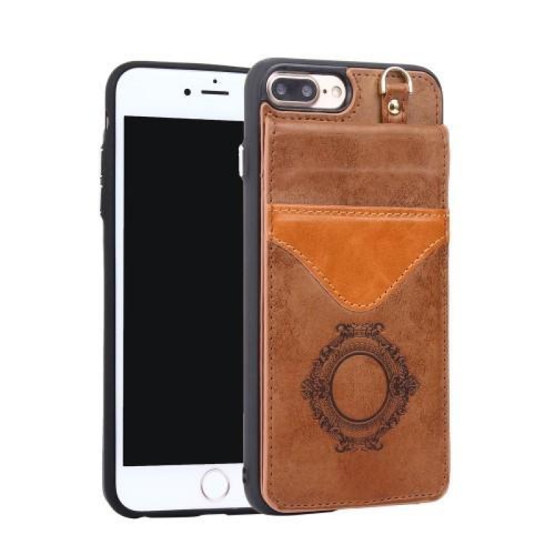 Backy zselés tok PU bőr hátlappal és állvánnyal iPhone 8 Plus és 7 Plus készülékhez - barna