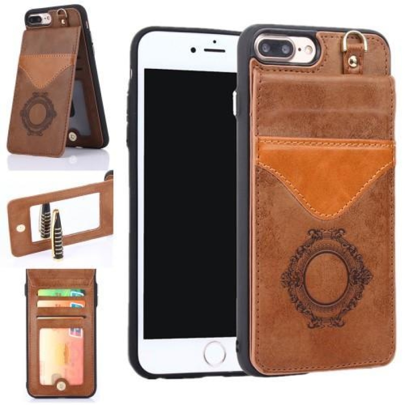 Backy zselés tok PU bőr hátlappal és állvánnyal iPhone 8 Plus és 7 Plus készülékhez - barna