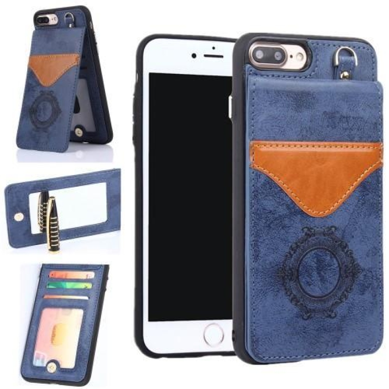 Backy gél tok PU bőr hátlappal és állvánnyal iPhone 8 Plus és 7 Plus készülékhez - Kék