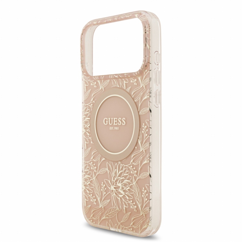 Guess IML Flowers Allover Strap MagSafe hátsó tok iPhone 18 Pro Max-hoz, rózsaszín