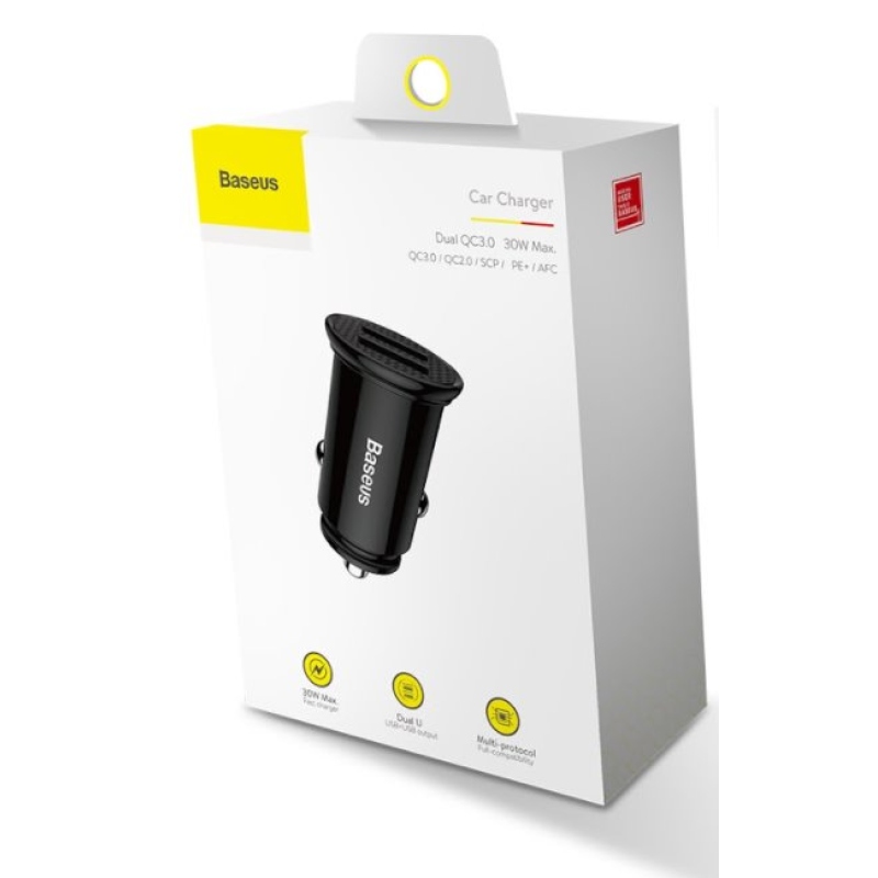 Baseus CCALL-YD01 kör alakú autós töltő 2xUSB QC3.0 30W fekete színű