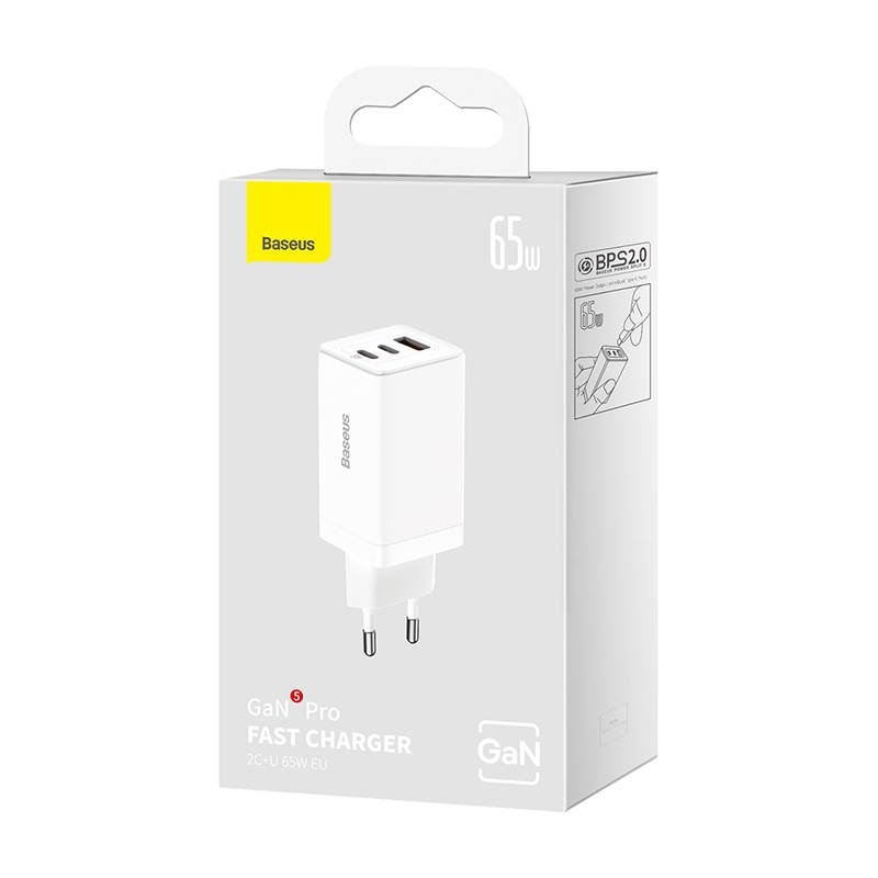 Baseus CCGP120202 GaN5 Pro gyorstöltő USB + 2x USB-C 65W Fehér