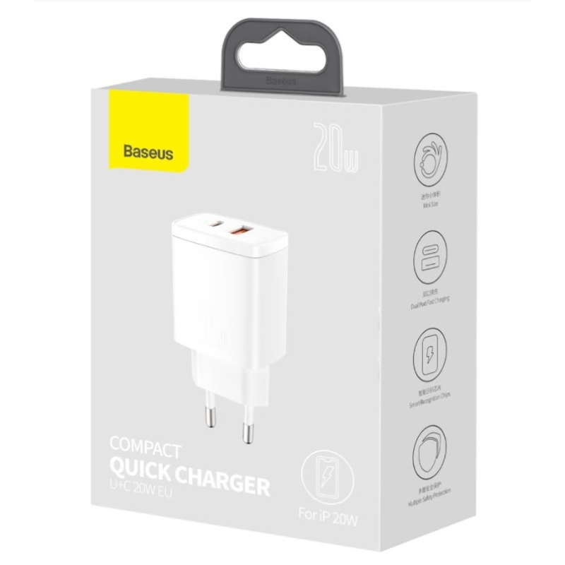 Baseus CCXJ-B02 Kompakt gyorstöltő USB/USB-C 20W Fehér