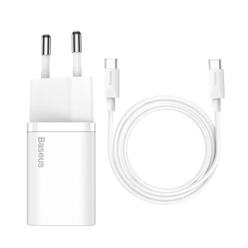 Baseus TZCCSUP-L02 Super Si gyorstöltő USB-C 25W + adatkábel USB-C-USB-C 1m Fehér