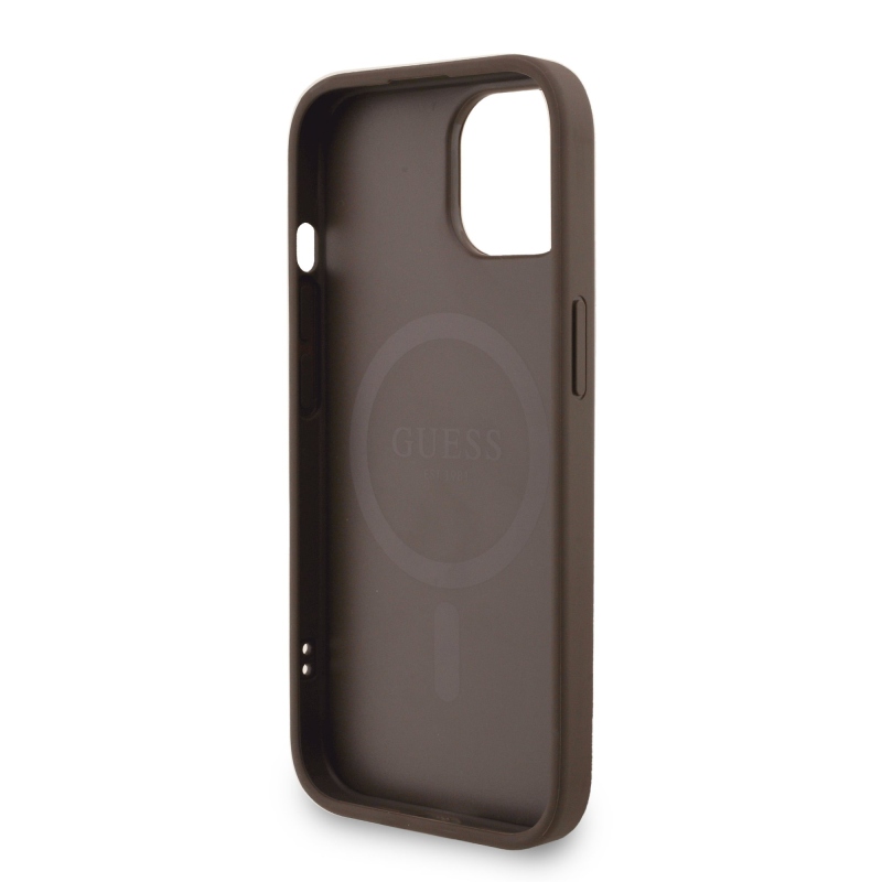 Guess PU bőr 4G színes gyűrűs pánt MagSafe hátlap iPhone 15-hez barna barna