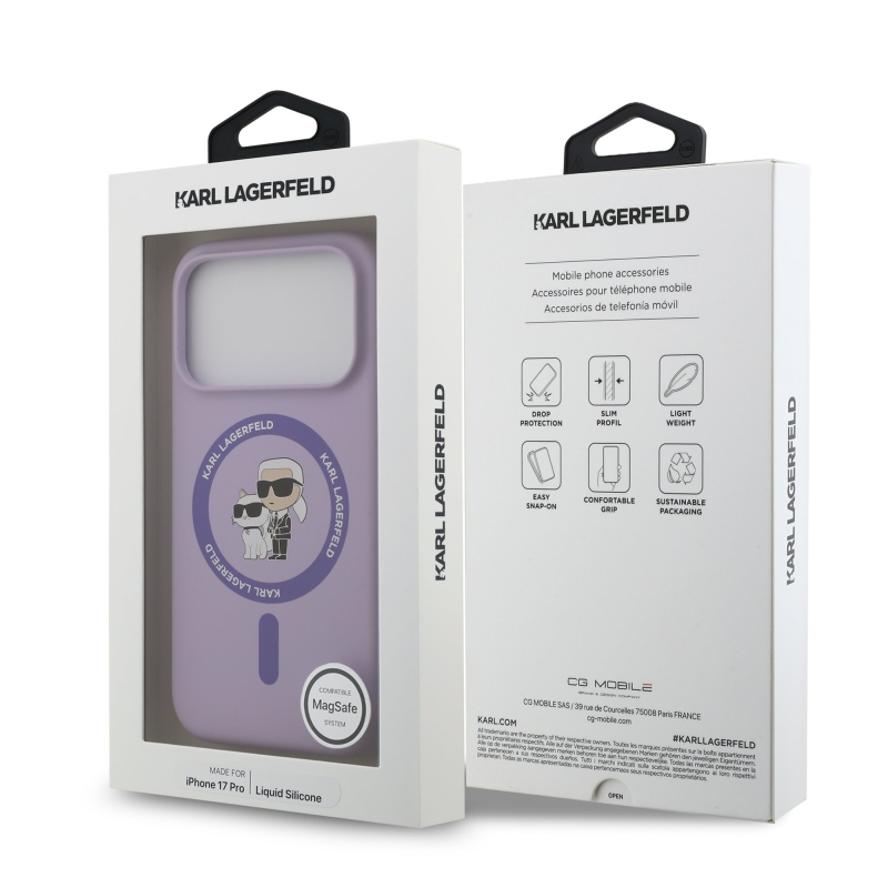 Karl Lagerfeld folyékony szilikon Karl és Choupette MagSafe hátlapi borító iPhone 17 Pro lilához