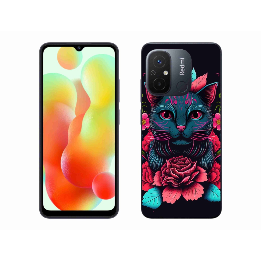 Gél borító mmCase a Xiaomi Redmi 12C-hez - virágok és macska