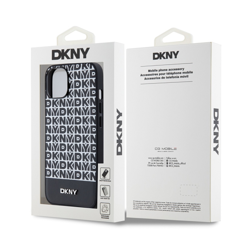 DKNY PU bőr ismétlődő mintás alsó csíkos MagSafe hátlap iPhone 13-hoz Fekete