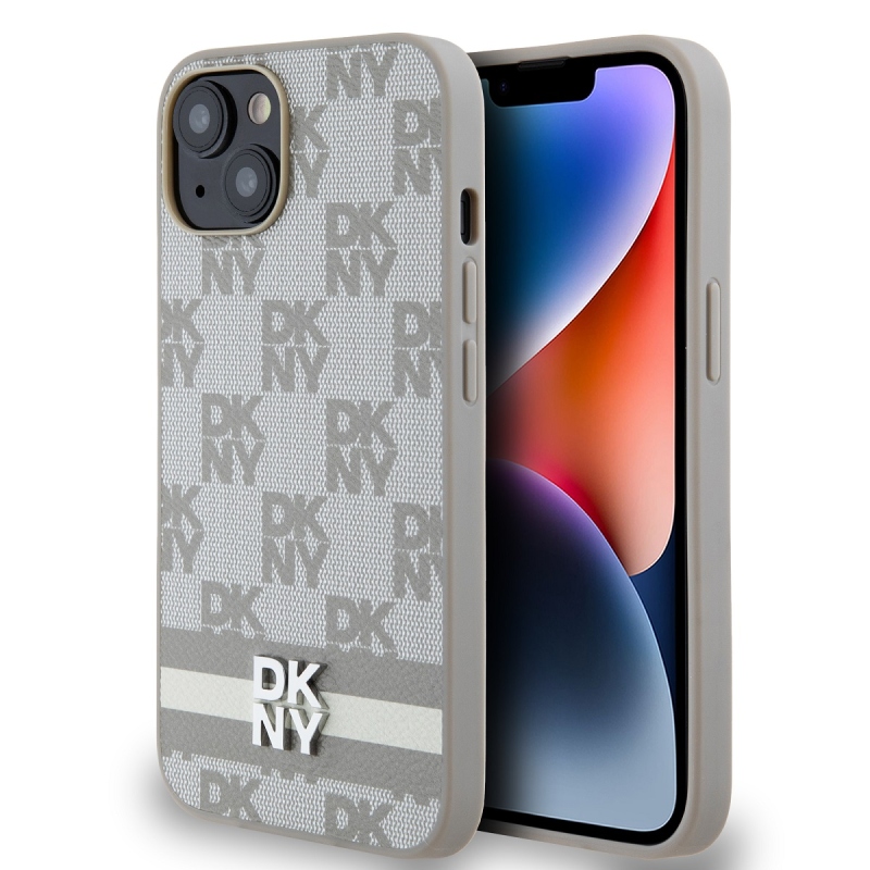 DKNY PU bőr kockás mintás és csíkos hátlapi borító iPhone 14 bézs színűre