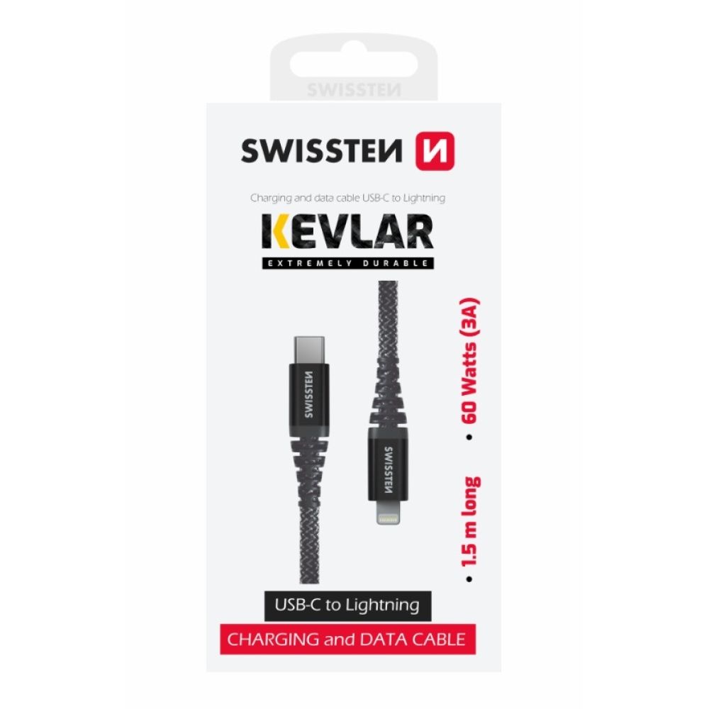Swissten Kevlar USB-C/Lightning adatkábel 1.5m - antracit