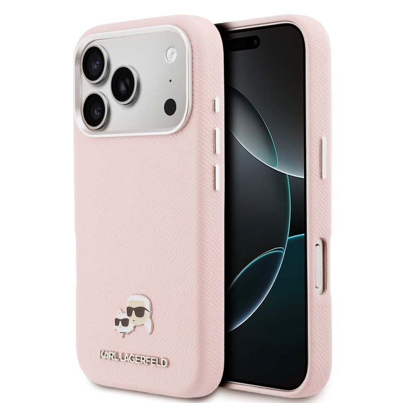Karl Lagerfeld PU Karl és Choupette fejek tűk MagSafe hátlap iPhone 17 Pro rózsaszínű borítóhoz