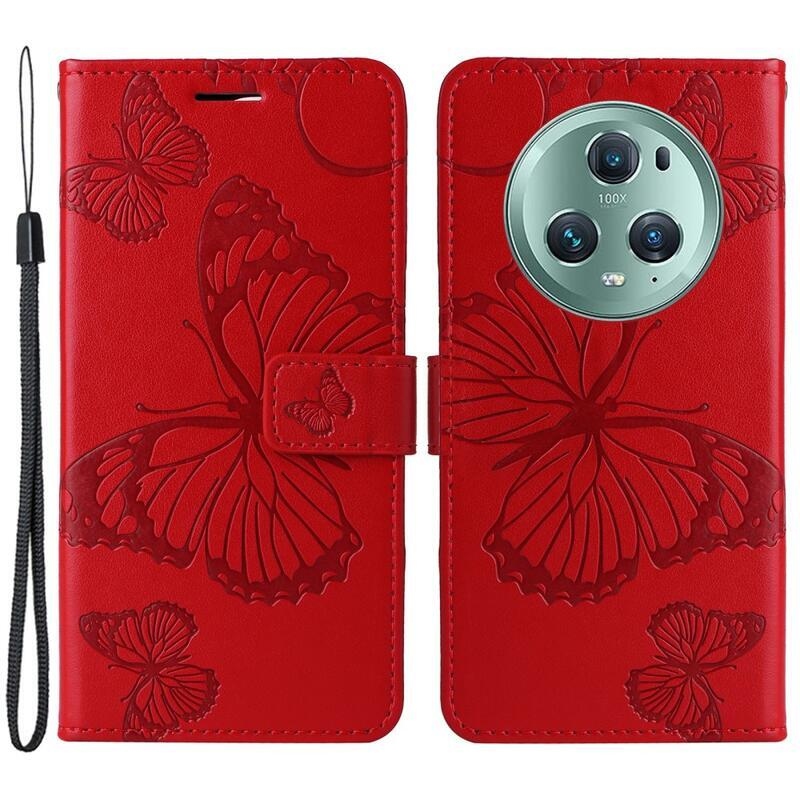 Nagy pillangó könyv tok a Honor Magic 5 Pro 5G számára - piros