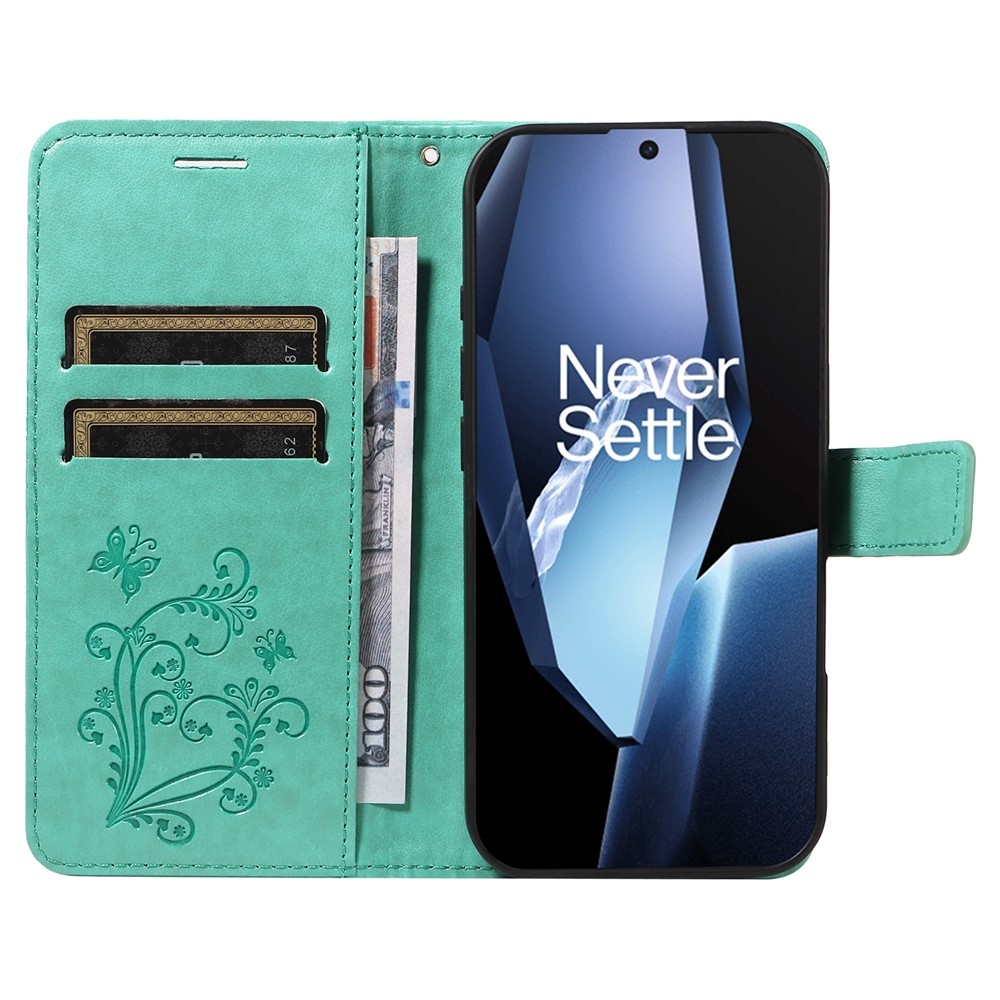 Nagy pillangó könyv tok a OnePlus 13R 5G számára - teal színű