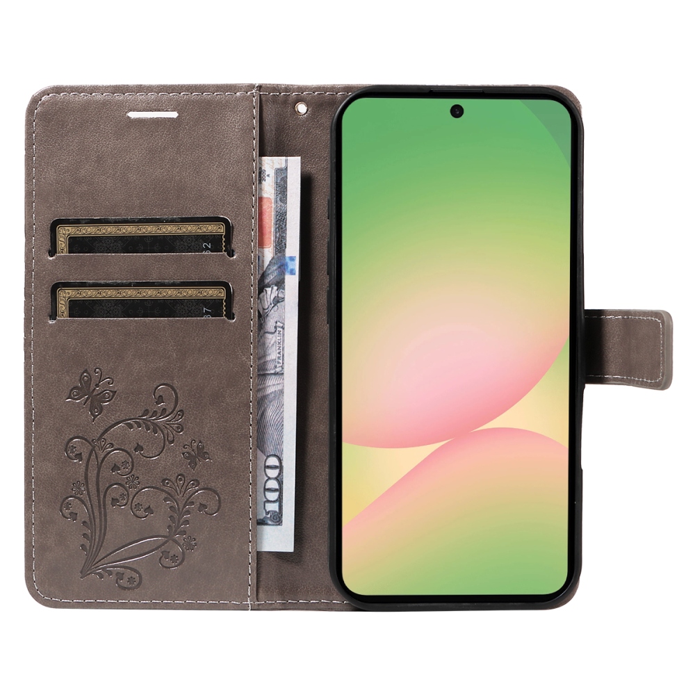 Nagy pillangó könyv tok Samsung Galaxy A57 5G-hez - szürke