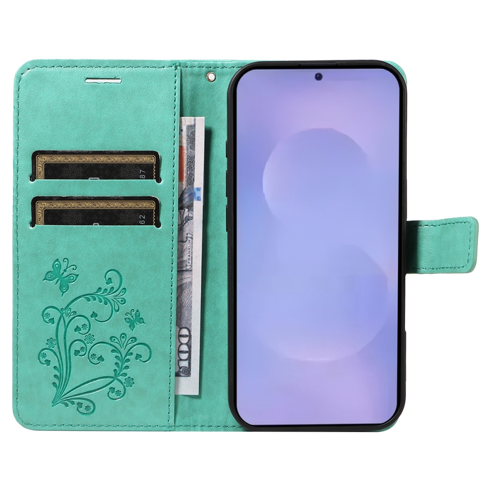Nagy pillangó könyv tok Samsung Galaxy S26+ készülékhez - kékeszöld színű