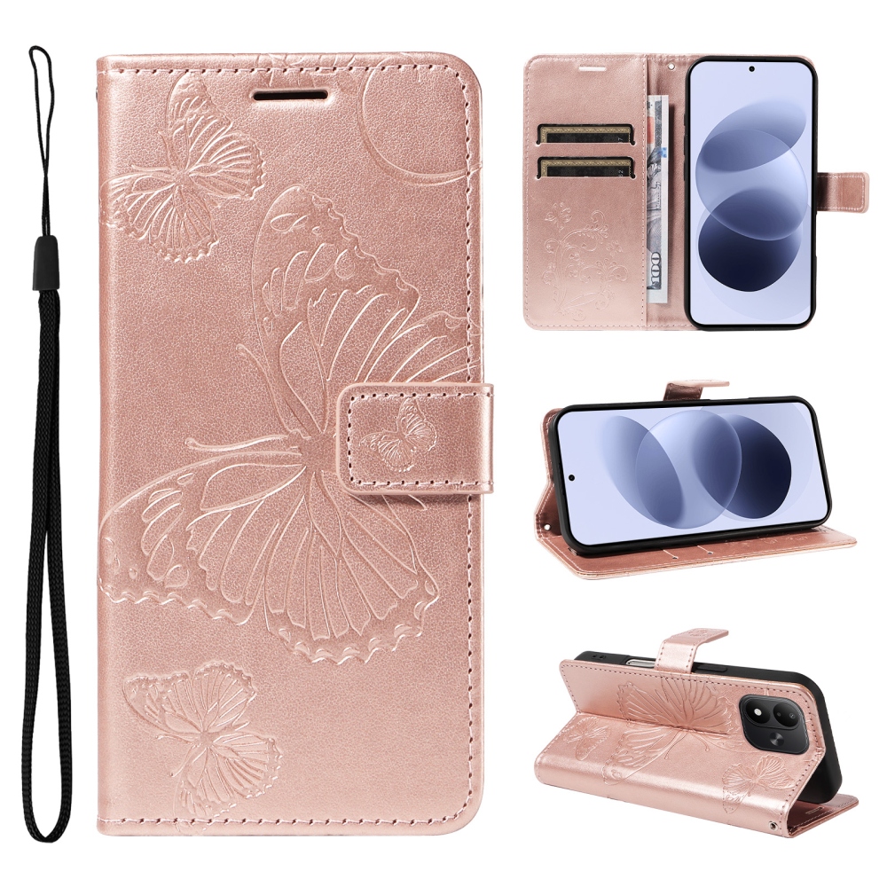 Big Butterfly könyvformájú tok a Xiaomi Redmi Note 17 4G/5G-hez – rózsaszín-arany