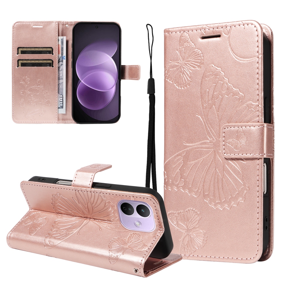 Big Butterfly könyvformájú tok a Xiaomi Redmi Note 17 Pro 5G-hez – rózsaszín-arany